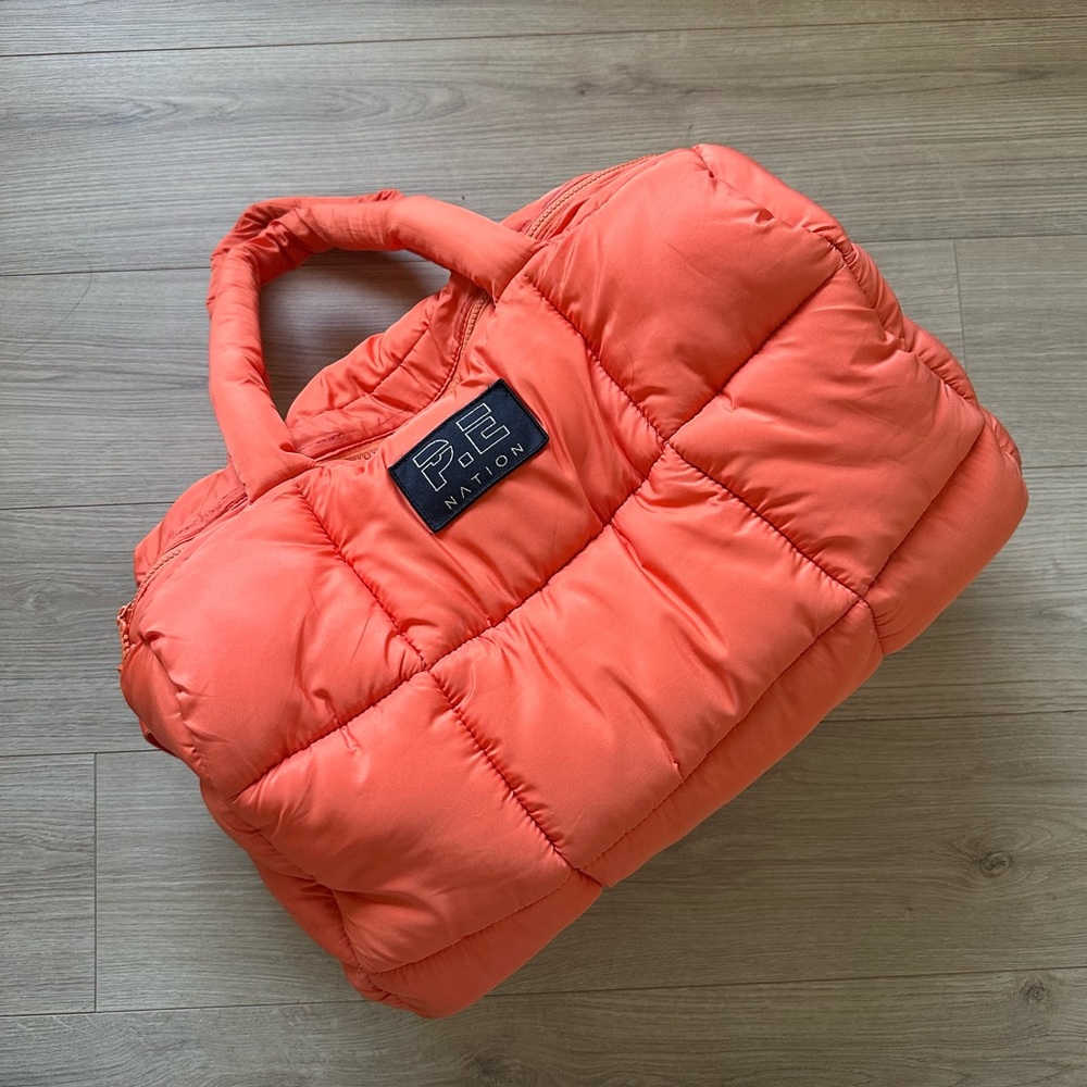 P.E Nation Orange Puffer Quilted Duffle Gym Bag